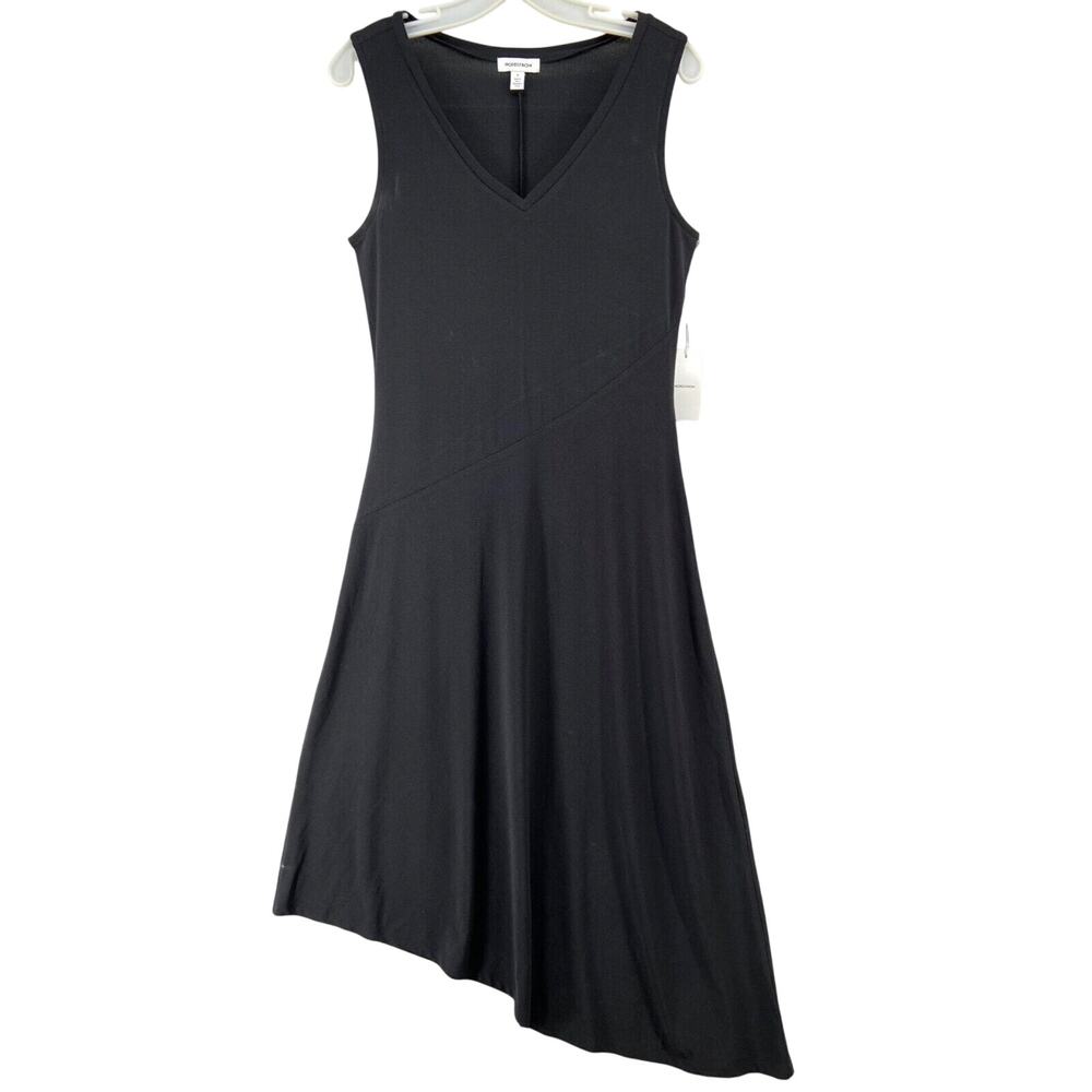 NWT Nordstrom Dress‎ Womens Size Small Black V Neck Midi Sleeveless Asymmetrical